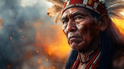 Portrait of an Indigenous leader wearing traditional attire, with natural elements in the background, all created in a watercolor style.