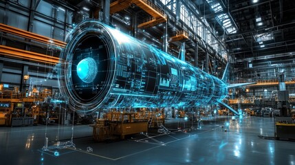 Fototapeta premium Digital twin of an industrial air with digital overlay showing data and collaboration icons, highlighting the integration between blue rocket on one side