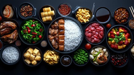 Assorted Asian cuisine dishes with rice and sides