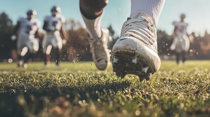 Closeup of Football Cleats on Grass Field.