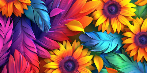 Colorful flowers are arranged in a pattern on a green background generative ai,
