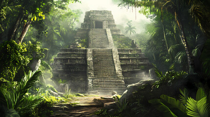 An ancient mayan temple with stone steps and jungle surroundings. Mayan Temple. Illustration © Thiago