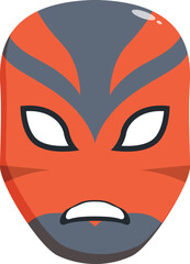 Cartoon illustration of a luchador mask with an orange base and grey details, featuring a determined expression