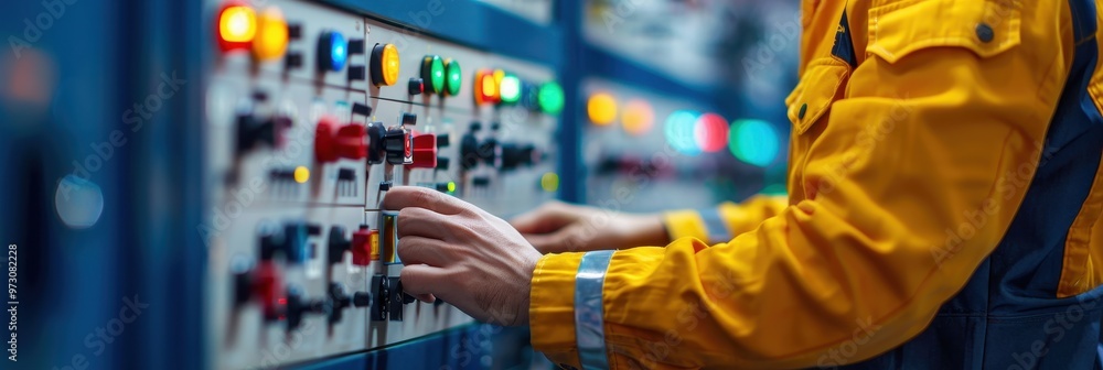 Aufkleber industrial worker in a red helmet operating a control panel with various buttons and lights in a man