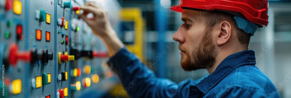 Aufkleber industrial worker in a red helmet operating a control panel with various buttons and lights in a man