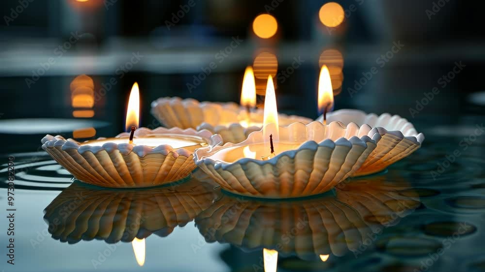 Poster Floating candles illuminate a serene setting with shimmering reflections at sunset
