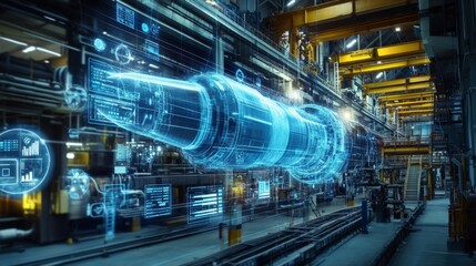 Digital twin of an industrial air with digital overlay showing data and collaboration icons, highlighting the integration between blue rocket on one side