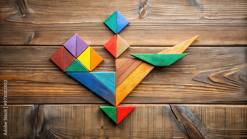 Poster colorful tangram puzzle pieces arranged in a flying bird shape on wooden background
