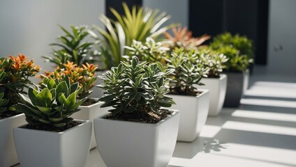 Potted plants arranged on a clean white surface.