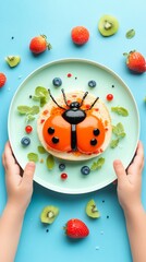 Obraz premium Playful ladybug pancake art on a plate surrounded by fresh fruits creates a whimsical breakfast scene, delighting both kids and adults with its creative food styling.