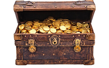 Treasure box filled with gold on transparent background, png	