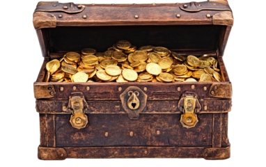 Treasure box filled with gold on transparent background, png	