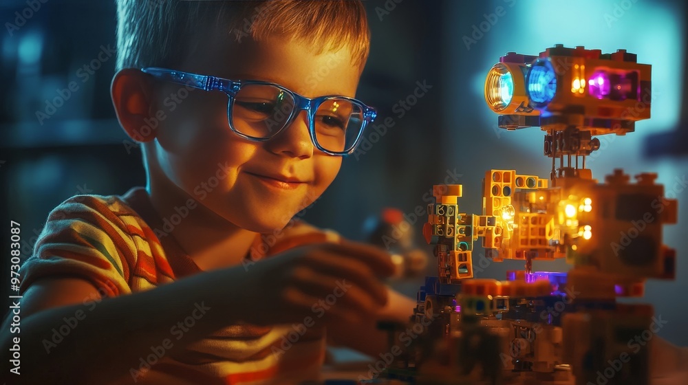 Poster a young inventor with a set of building blocks, proudly showcasing a homemade robot with moving part