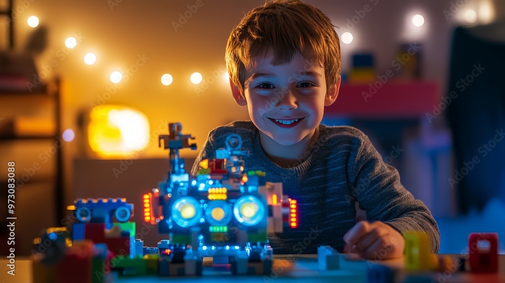 Poster a young inventor with a set of building blocks, proudly showcasing a homemade robot with moving part