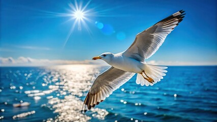 Obraz premium Seagull flying gracefully over the sparkling sea against a backdrop of clear blue sky