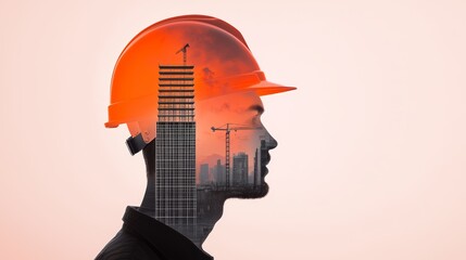 A digital collage of an architect s tools and a construction worker in a hard hat, where a skyscraper rises from within their profiles in a double exposure effect