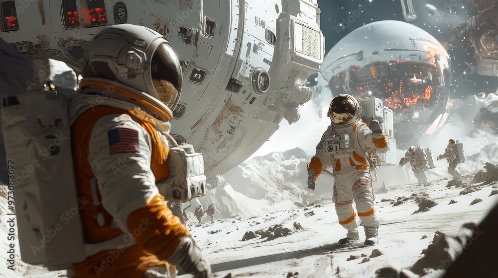 Poster an advanced space exploration scene with futuristic spacecraft and robotics.