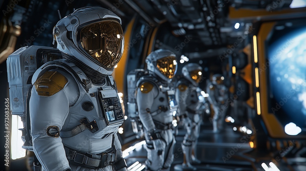 Poster an advanced space exploration scene with futuristic spacecraft and robotics.