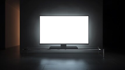 Fototapeta premium Blank white tv screen interior in darkness mockup, front view, 3d rendering. Empty telly plasma display in living room mockup