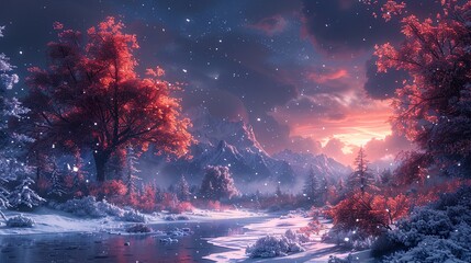 Fototapeta premium A serene winter landscape with a snowy forest, a river, and mountains in the background, illuminated by a vibrant sunset.