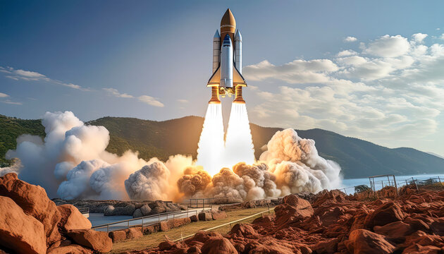 Rocket liftoff. and rocket that are moving in the sky with a cloudy day background - Powered by Adobe