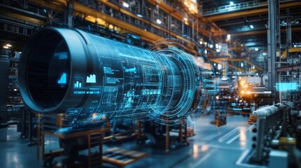 Obraz premium Digital twin of an industrial air with digital overlay showing data and collaboration icons, highlighting the integration between blue rocket on one side