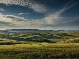 Rolling plains stretch across a picturesque natural landscape.