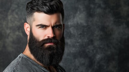 Fototapeta premium A bearded man poses for a portrait against a textured dark background, exuding confidence and style with a modern haircut