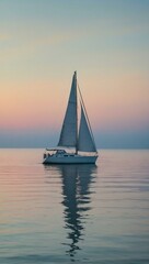 Sailboat at dawn, pastel colors, calm ocean, watercolor.