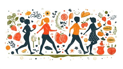 Fototapeta premium Healthy lifestyle flat vector infographic promoting balanced meals, physical activity, and regular screenings for breast cancer prevention.
