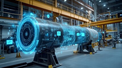 Digital twin of an industrial air with digital overlay showing data and collaboration icons, highlighting the integration between blue rocket on one side