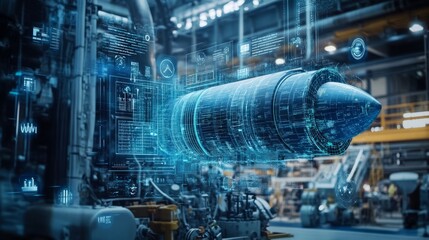 Fototapeta premium Digital twin of an industrial air with digital overlay showing data and collaboration icons, highlighting the integration between blue rocket on one side