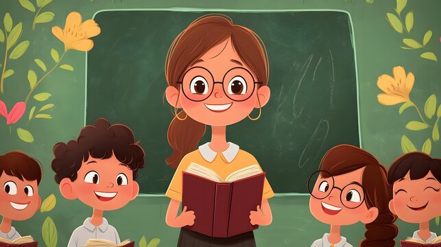 Smiling teacher standing in front of a chalkboard, holding a book, surrounded by happy students, in cartoon animation vector style.
