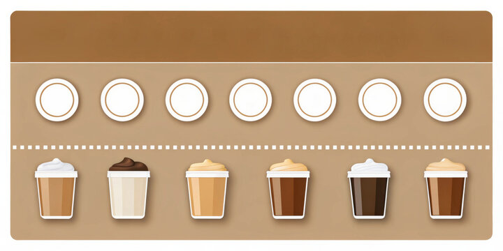 Takeaway coffee loyalty card for free cup after purchasing 9, with various coffee cups and loyalty cards on display