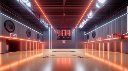 Fototapeta premium Capture a scene of a basketball gym equipped with LED lighting, sleek gymnasium floor design,
