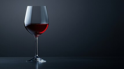 Photograph of a wine glass with ruby red wine on an isolated dark slate gray background. 