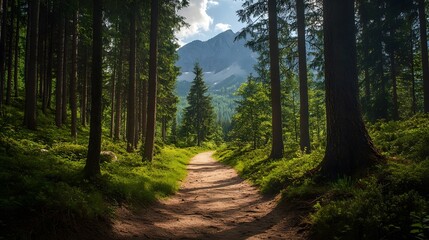 Fototapeta premium Path through pine forest leading to a mountain, outdoor adventure and exploration.
