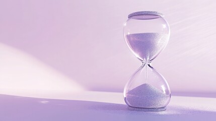 Photograph of a decorative hourglass with shimmering silver sand against an isolated light lavender background. 