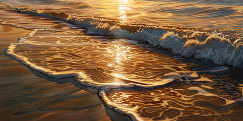 Serene sunset over the ocean with elegant curved waves warm golden light and peaceful beach,
