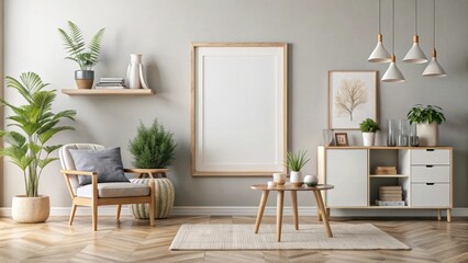 render of mock up poster frame in Scandinavian style home interior