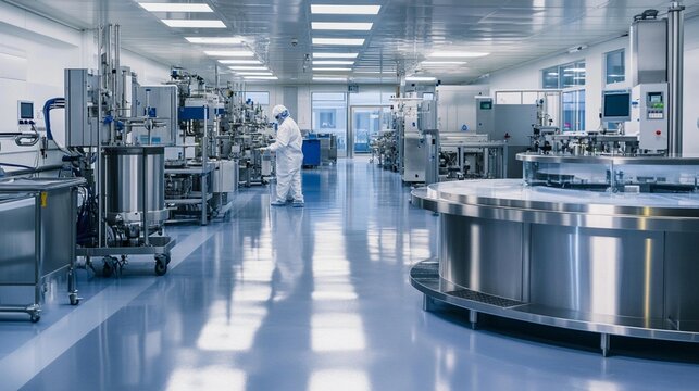 Sterile pharmaceutical manufacturing facility with advanced equipment and a worker in protective gear operating machinery for drug production.