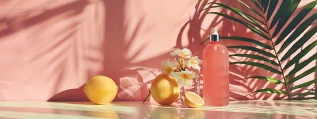 Fototapeta premium Tropical body care product with lemons and flowers on pink background