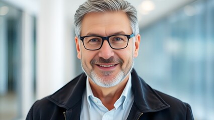 Happy middle aged professional business man, smiling mature executive ceo manager, 45 years old male entrepreneur, confident business owner wearing glasses in office. Headshot portrait.