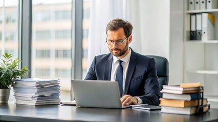 Obraz premium Overworked lawyer with many stack files at office desk