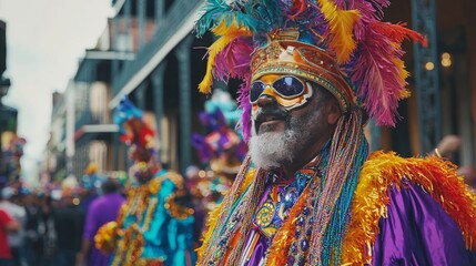 Mardi Gras in New Orleans, with vibrant parades, bead throwing, and people in colorful costumes...