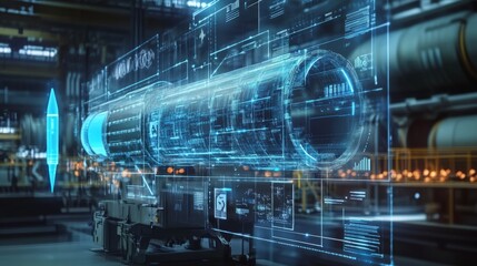 Fototapeta premium Digital twin of an industrial air with digital overlay showing data and collaboration icons, highlighting the integration between blue rocket on one side