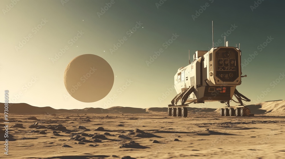 Poster create a 3d animation of a spacecraft landing on an alien planet, with realistic atmospheric effects