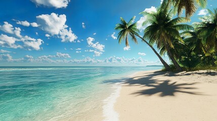 Tropical Beach with Crystal Clear Water, Palm Trees, and a Bright Blue Sky