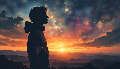 Silhouette of a person amidst a cosmic backdrop, symbolizing introspection, imagination, and the universes vastness at sunset