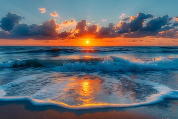 Breathtaking sunset over calm ocean waves and reflective water surface.
